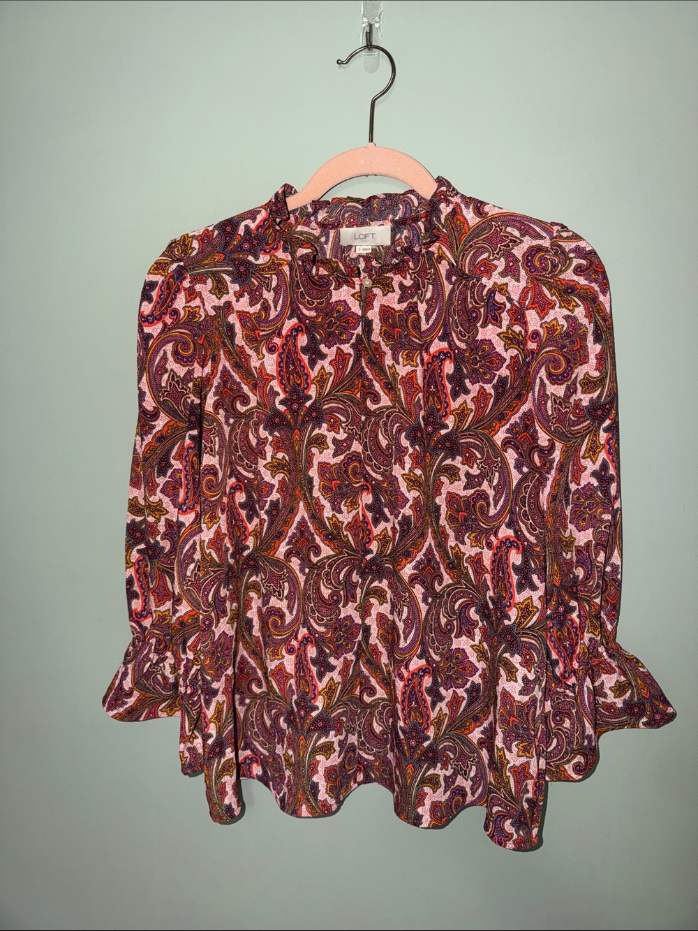 LOFT Paisley Ruffle Neck Blouse Size Small Pink Purple Long Sleeve